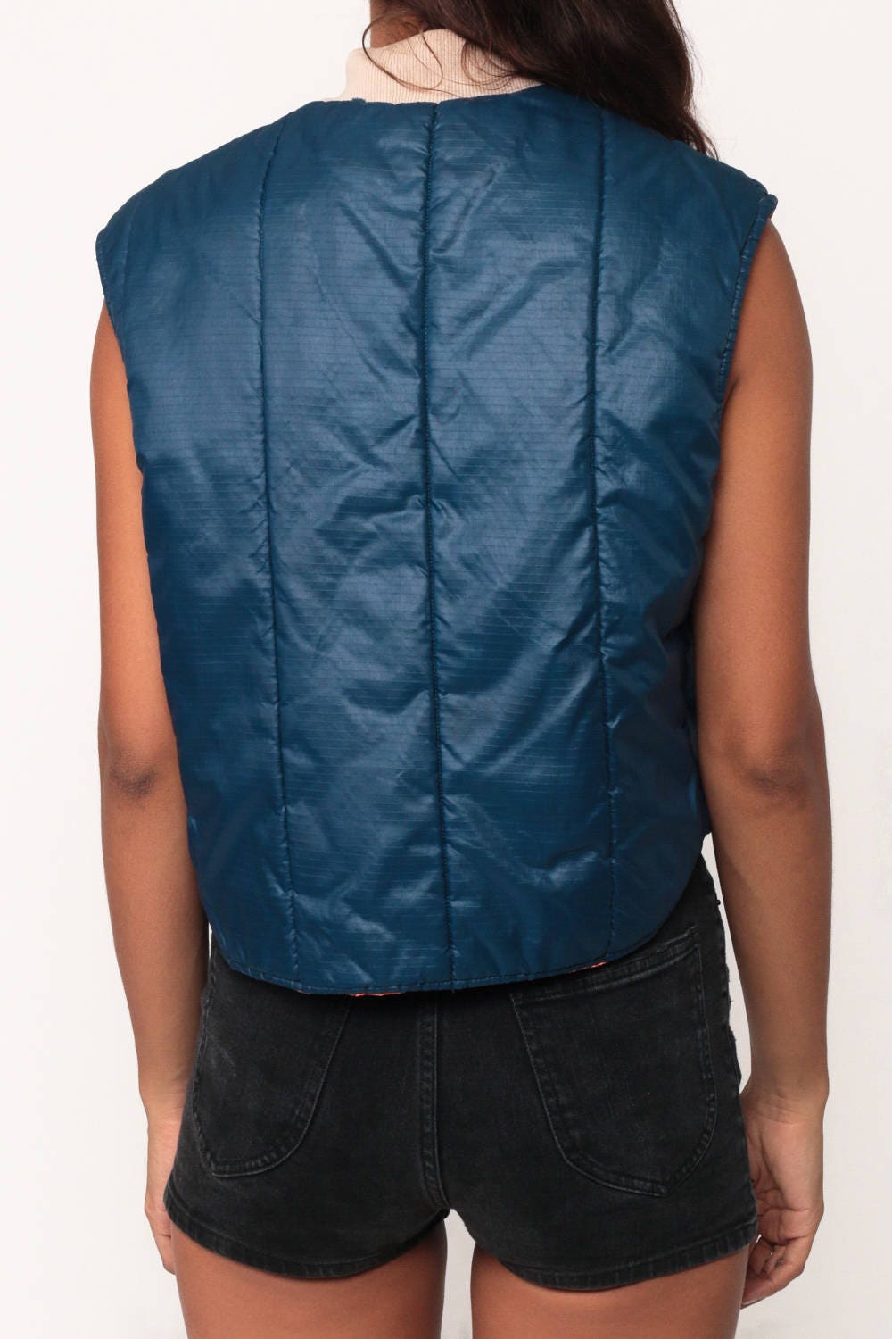 70s 80s Reversible Puffer Vest Blue Orange Sleeveless Jacket Extra Small
