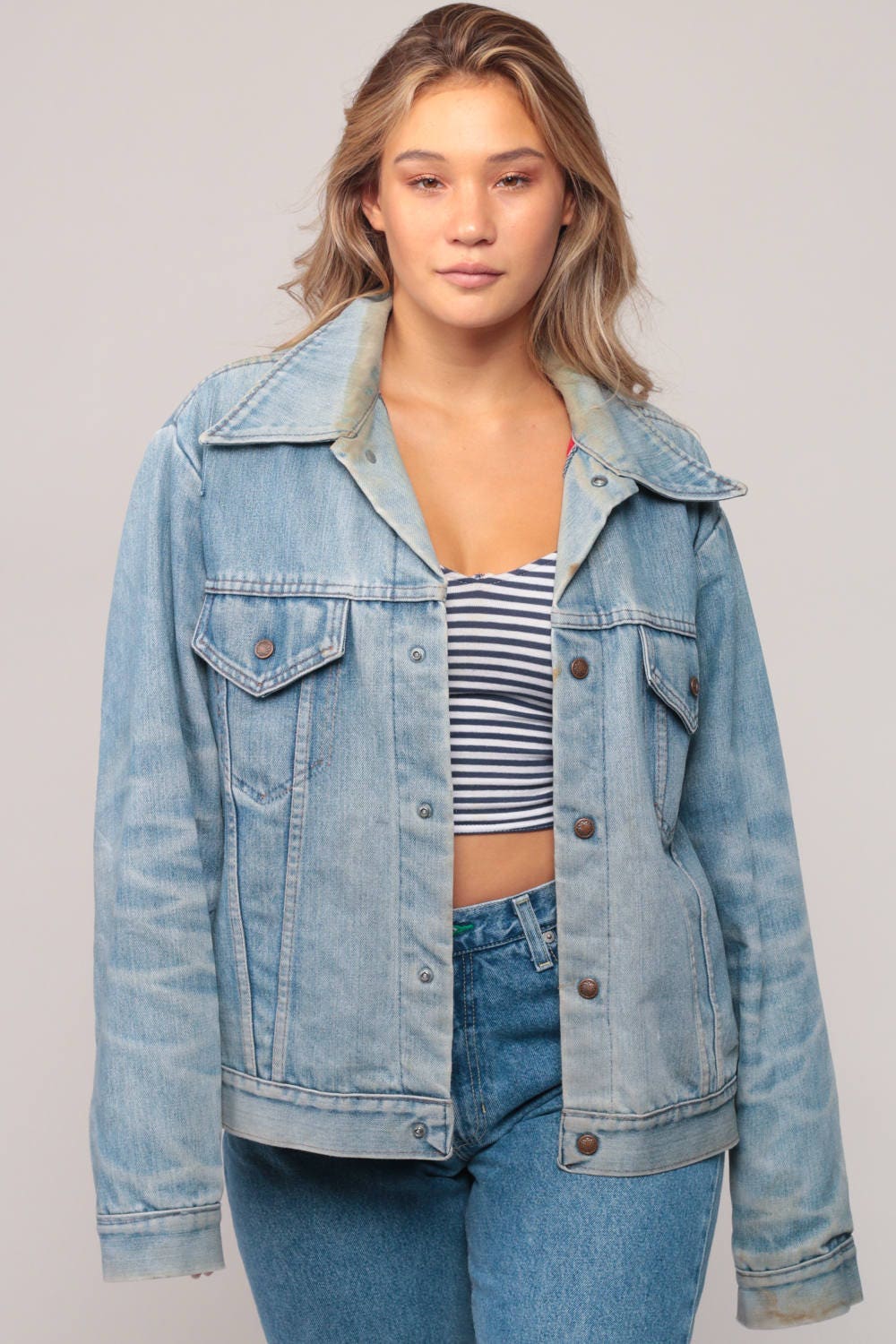 70s Blue Denim Jacket Quilted Red Lining Unisex Snap Front Extra Large