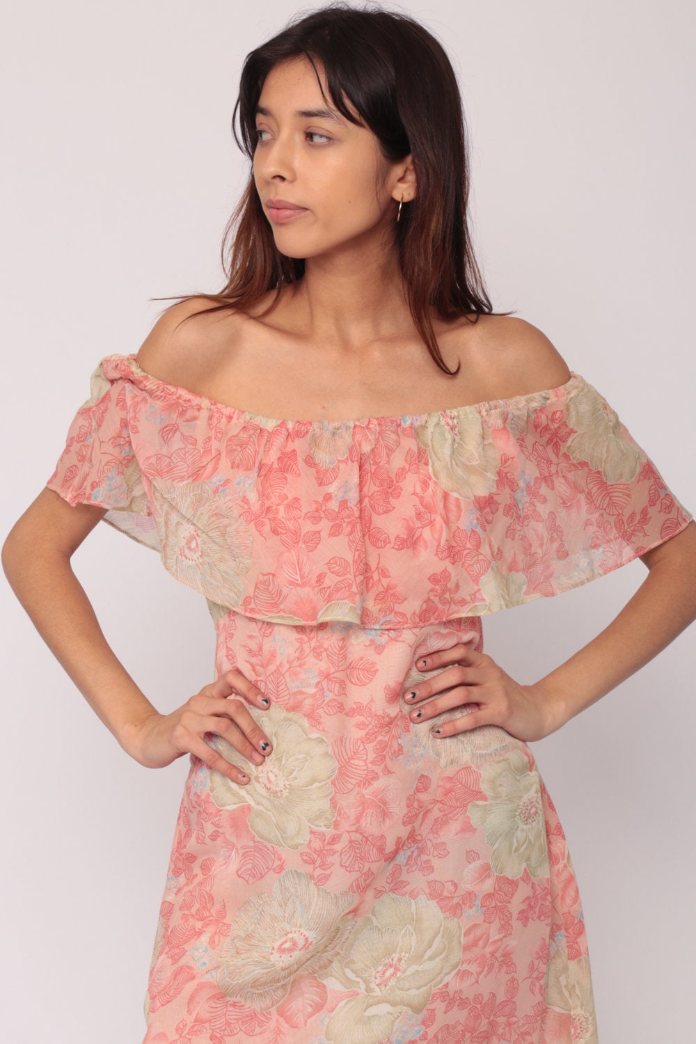 70s Pink Floral Flutter Sleeve Mini Dress Off-Shoulder Small Medium