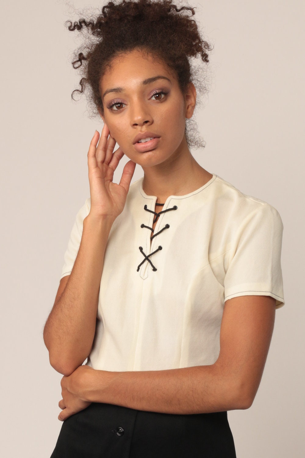 70s Mod Mini Dress Lace-Up Bodice Black Off-White High Waist Small