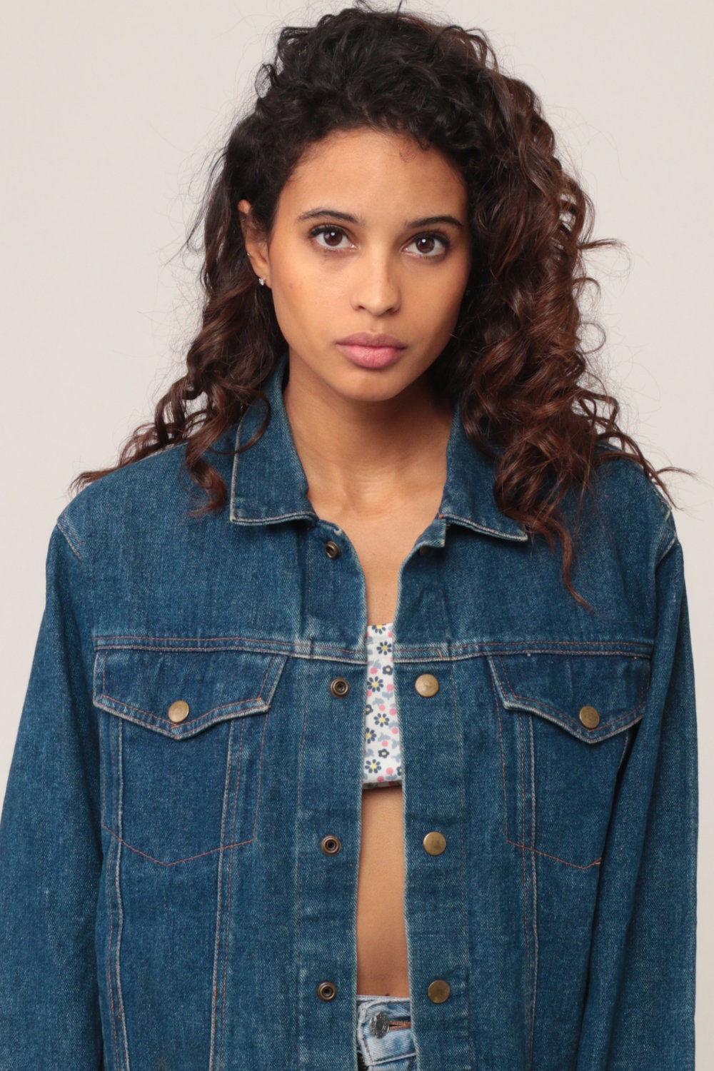 80s Bald Eagle Endangered Denim Jacket Blue Jean Snap Button Extra Small