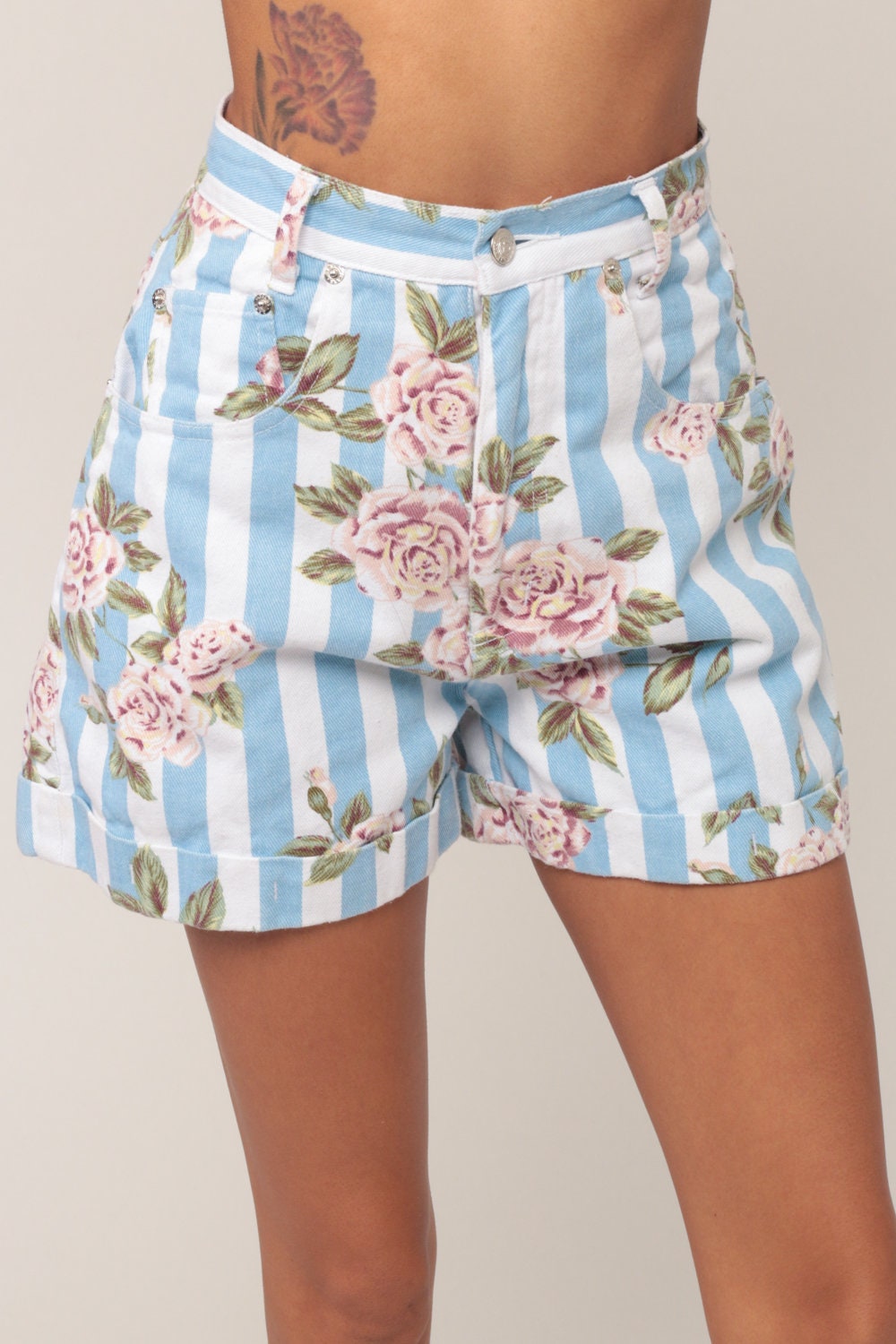 90s Floral Striped High Waisted Denim Shorts Blue Jean Extra Small