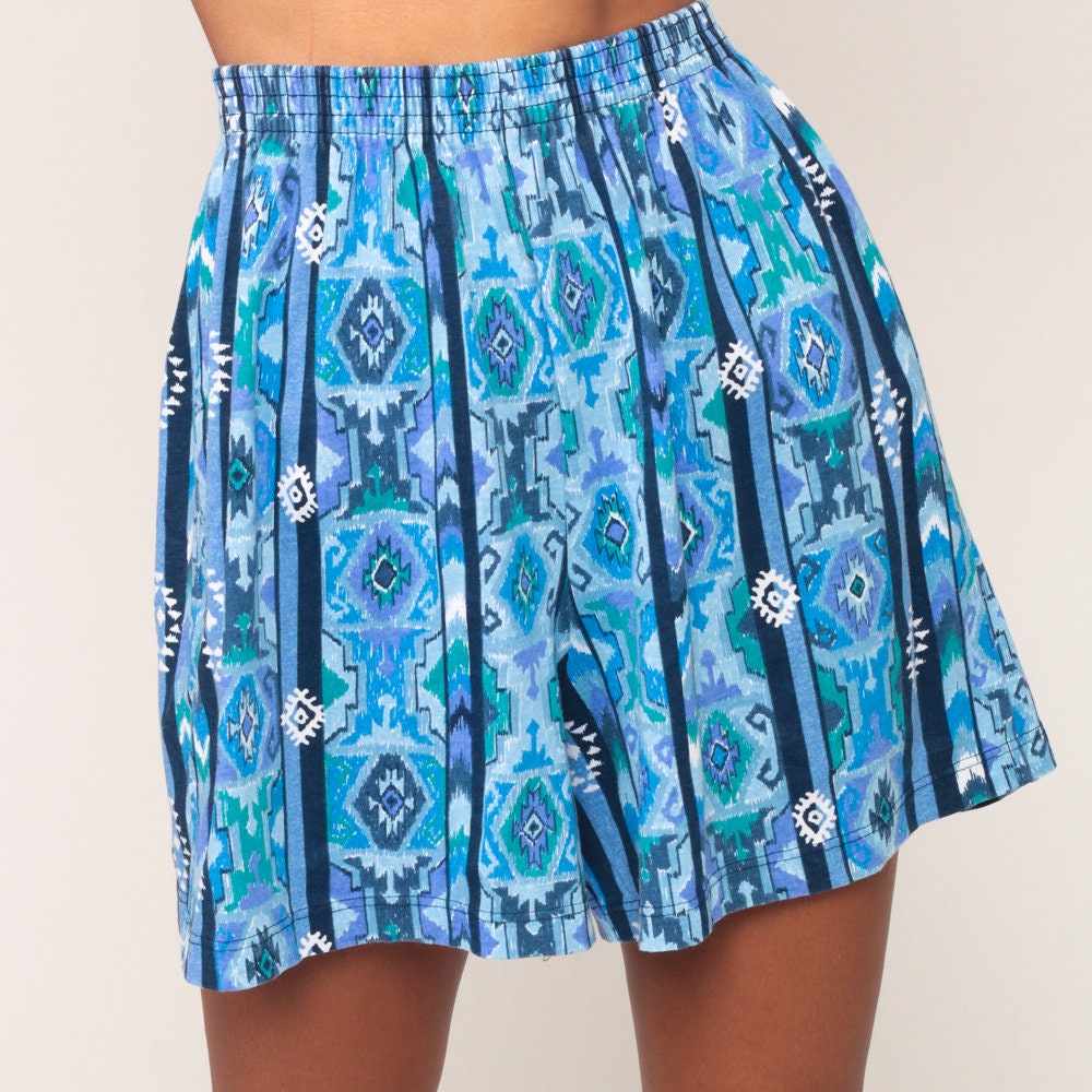 90s Southwestern Tribal Print High-Waist Shorts Blue Striped Small Medium