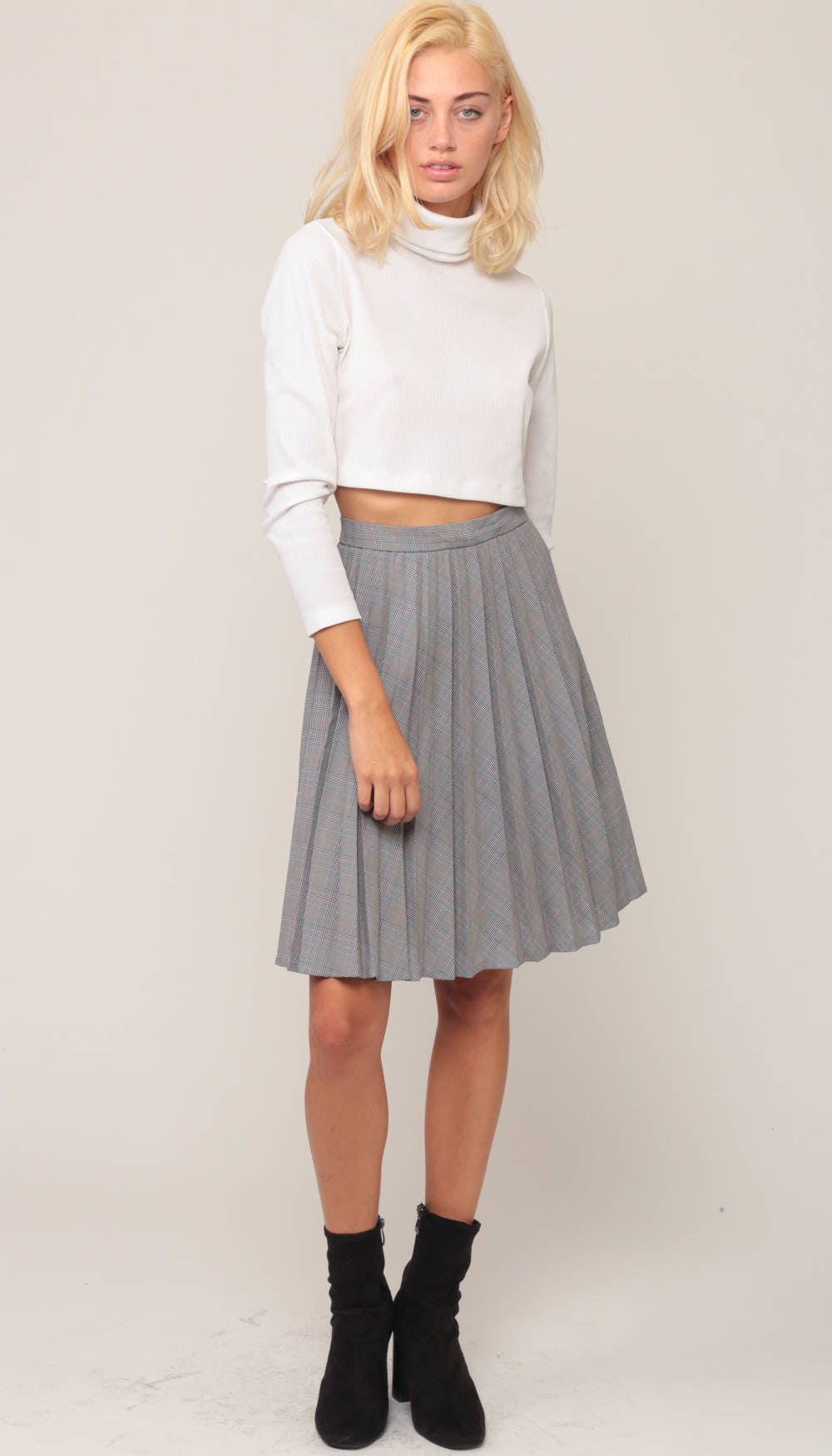 70s Black White Pink Houndstooth Pleated Midi Skirt High Waist Extra Small