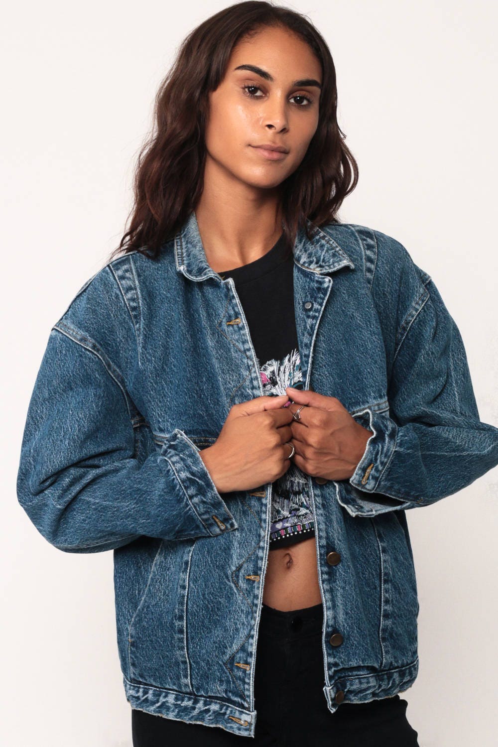 80s Blue Denim Jacket Trucker Jean Coat Button Front Medium