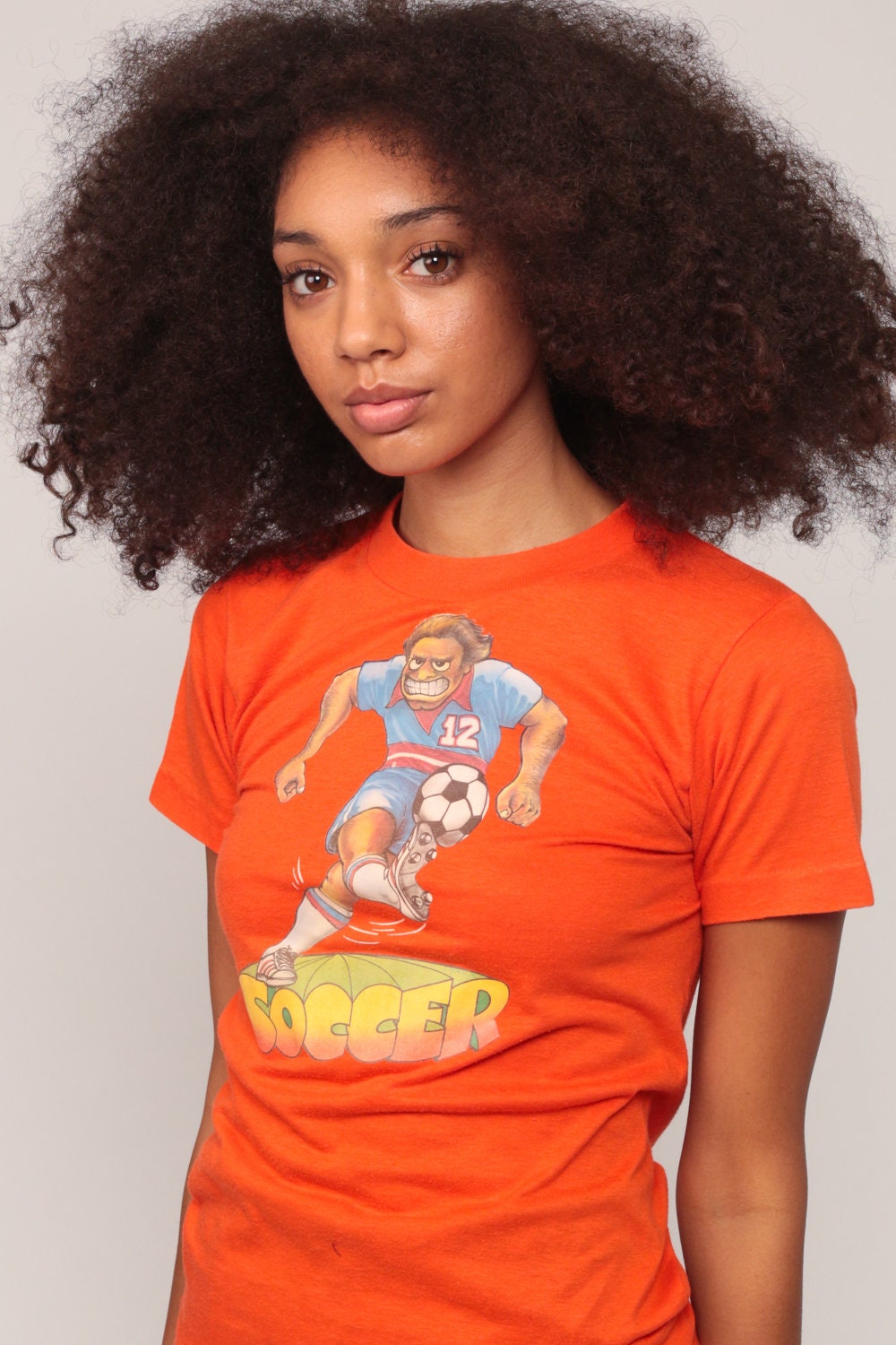 80s Soccer Graphic T-Shirt Orange Cotton Blend Extra Small XS