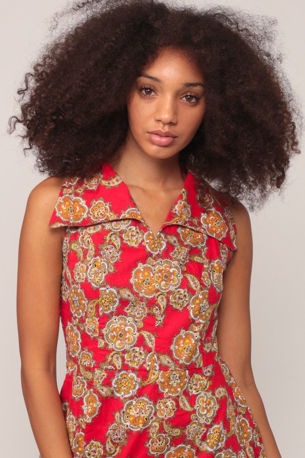 70s Paisley Print Maxi Dress High Waisted Sleeveless Red Small Medium
