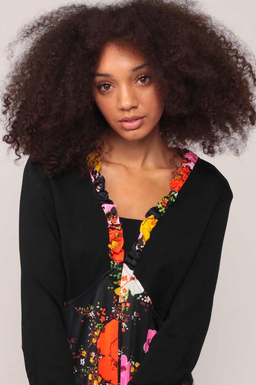70s Floral Empire Waist Mini Dress Long Sleeve Ruffled Black Large