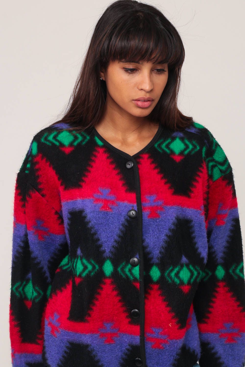90s Tribal Fleece Jacket Aztec Print Button-Up Blazer Red Purple Medium