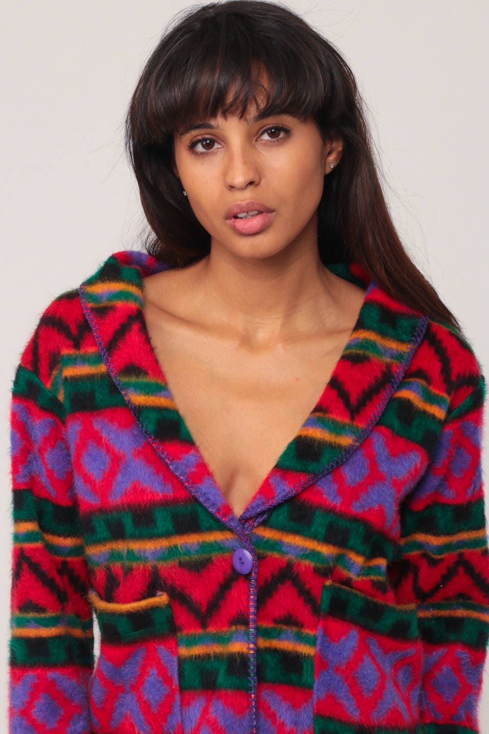 90s Southwestern Fleece Jacket Aztec Print Button Front Medium
