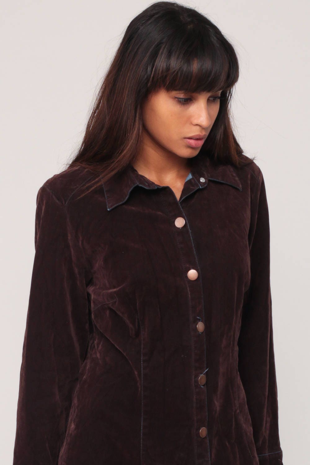 90s Brown Velvet Mini Dress Long Sleeve Button-Up Small