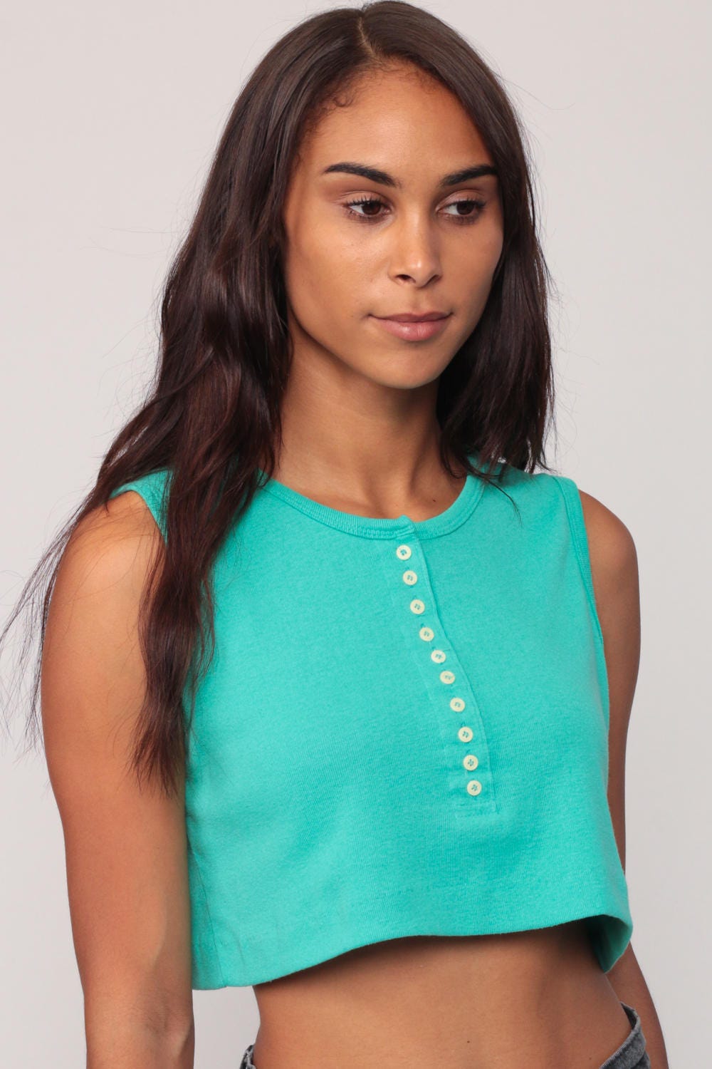 80s Turquoise Cropped Tank Top Button Front Cotton Small