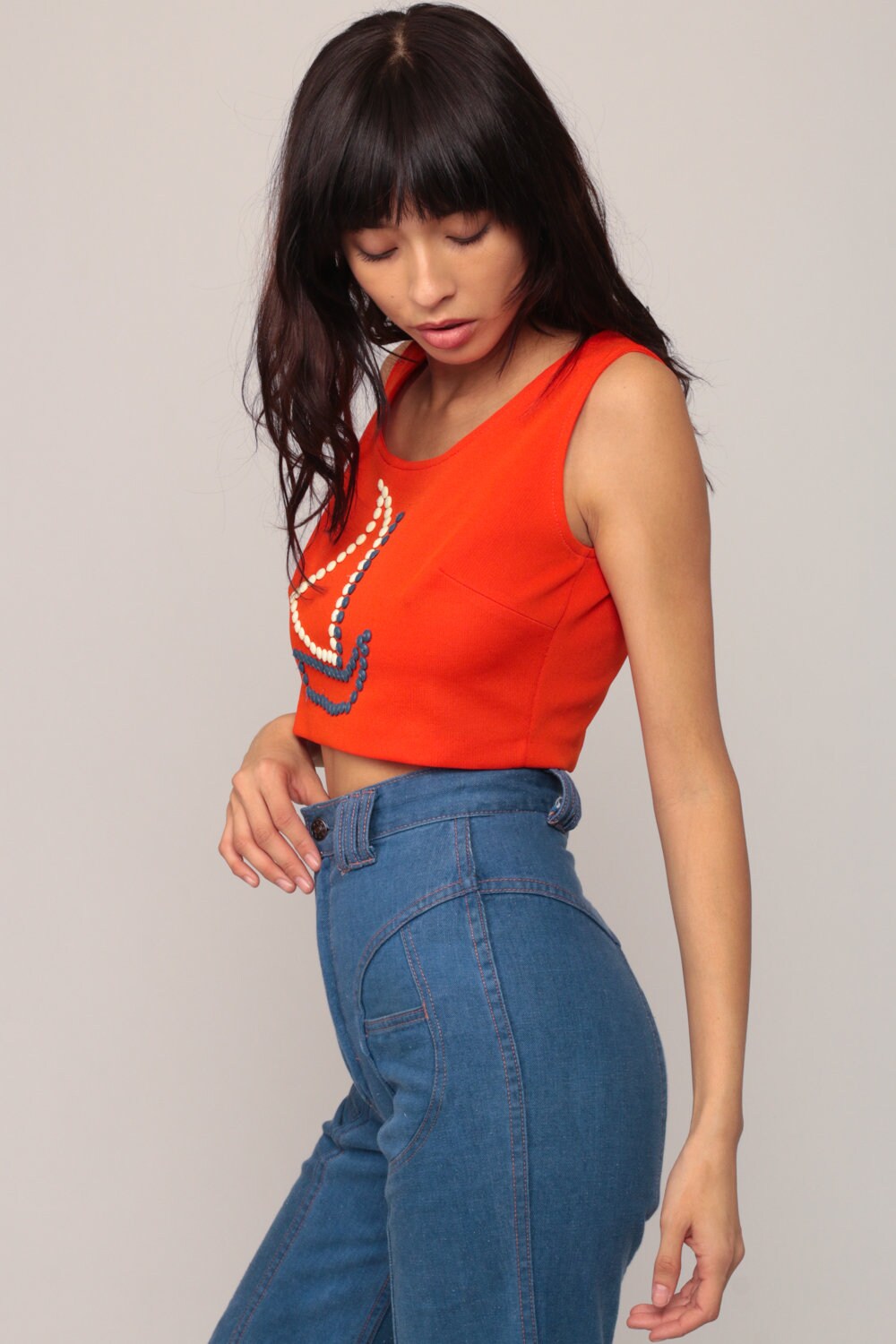 70s Sailboat Button Halter Crop Top Orange Nautical Blouse Small