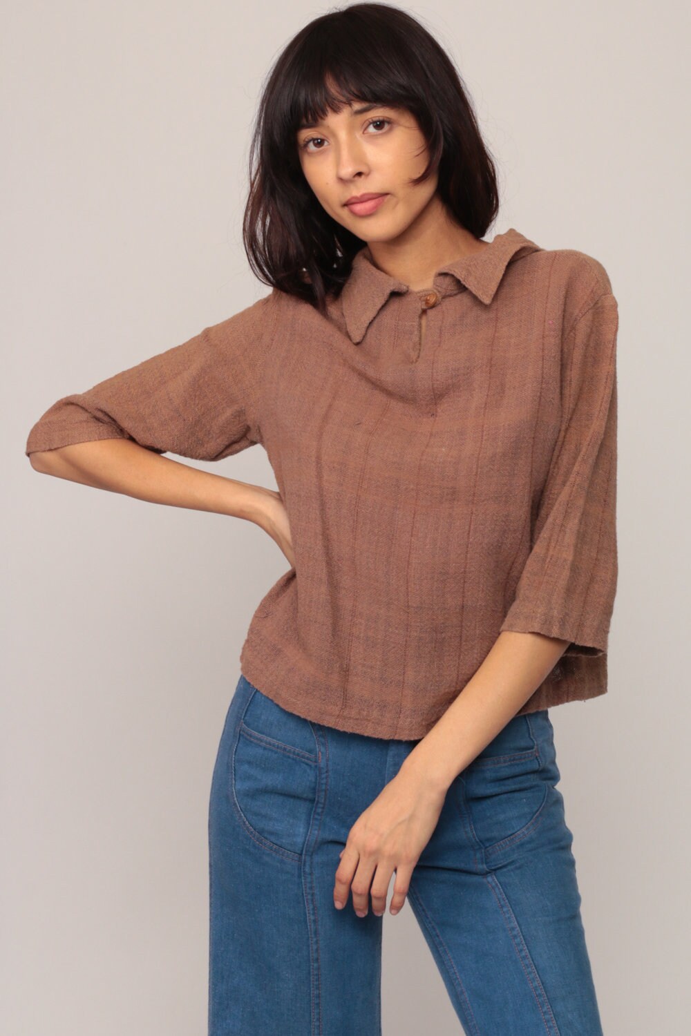 70s Floral Embroidered Brown Cotton Blouse 3/4 Sleeve Large