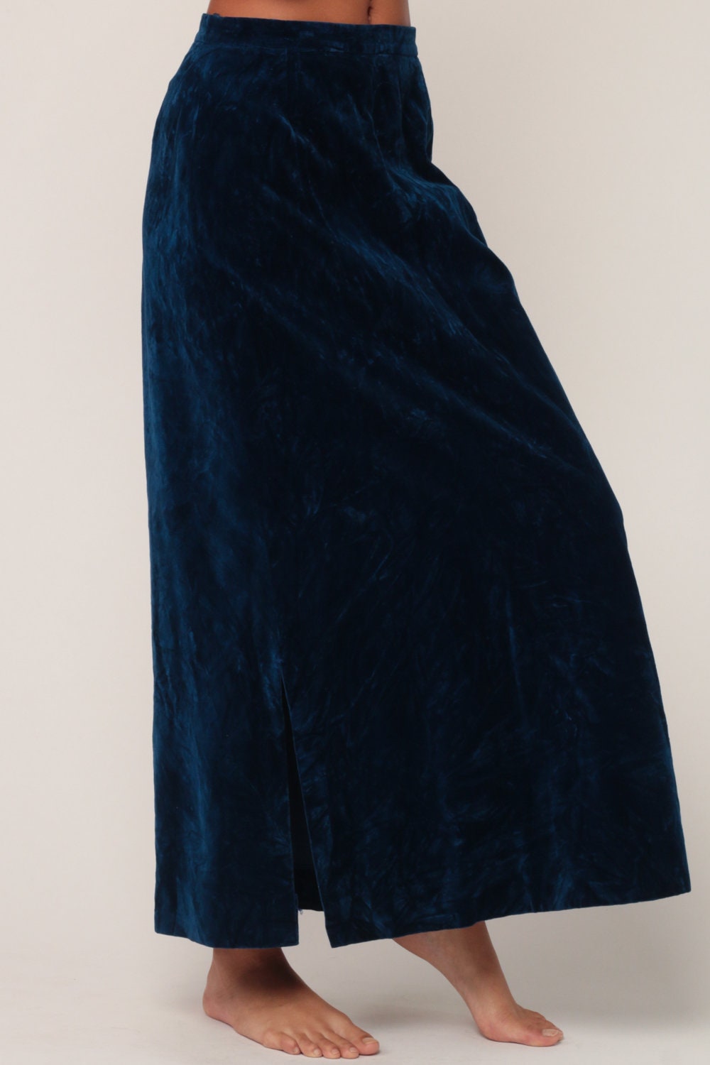 70s Blue Velvet Maxi Skirt High Waisted Side Slit Long Skirt Small