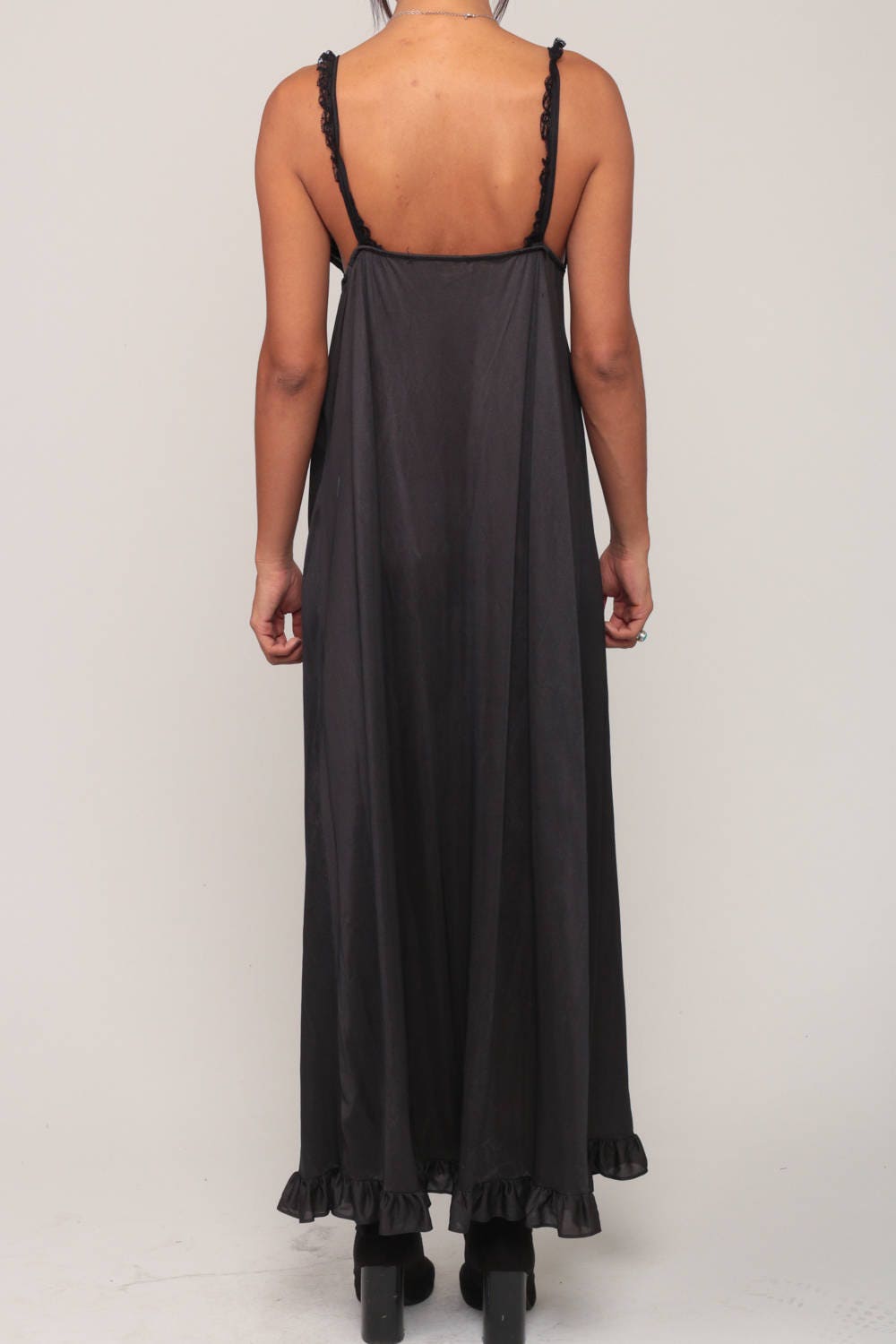 70s Black Lace Maxi Slip Dress Empire Waist V-Neck Nightgown Small