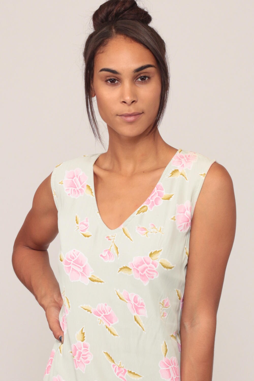 90s Floral Mini Dress Pink Moss Green V-Neck Shift Sundress Extra Small XS