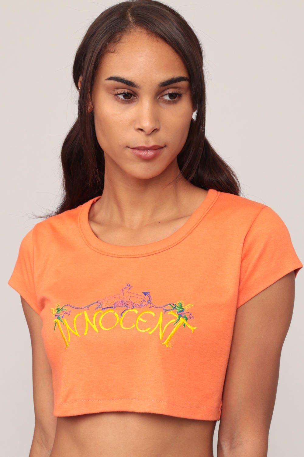 70s Innocent Crop Top Orange Angel Devil Embroidered Graphic Tee Small