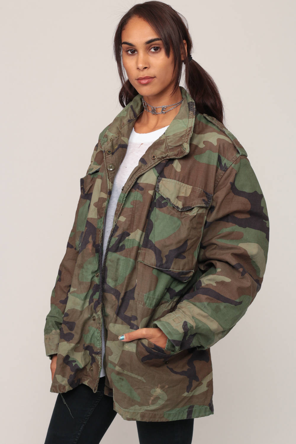 80s Military Camo Jacket Olive Drab Field Cargo Large