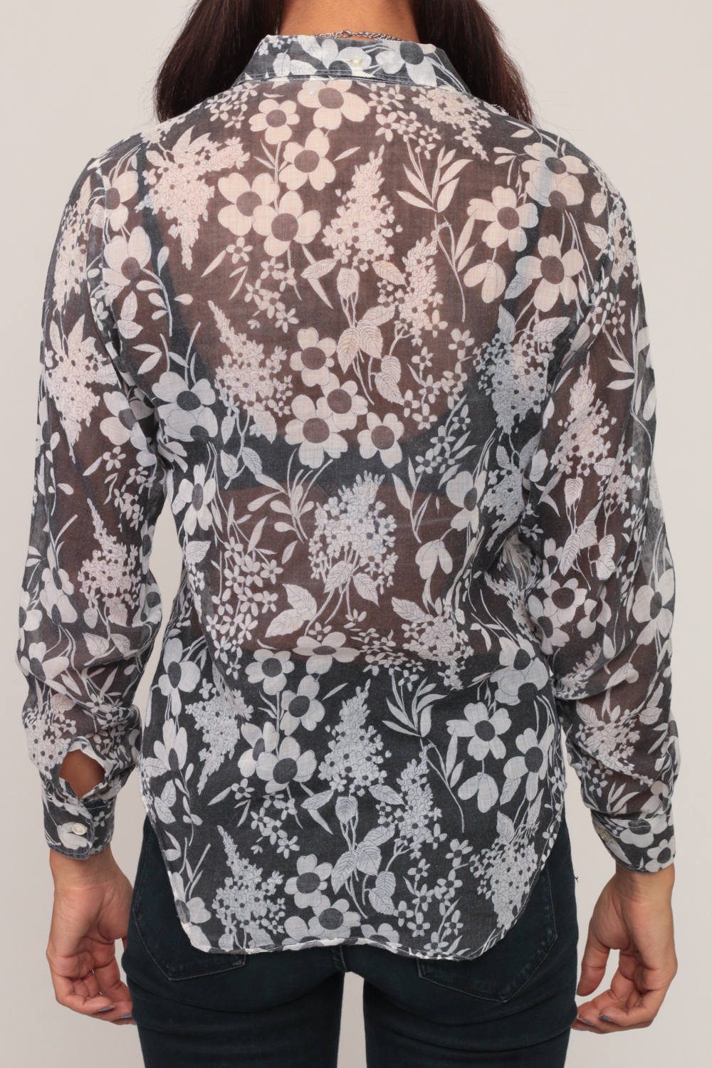 70s Black Floral Sheer Blouse Button Up Long Sleeve Collar Small
