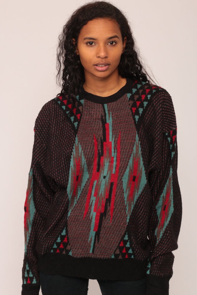 80s Geometric Tribal Print Knit Sweater Black Red Blue Large