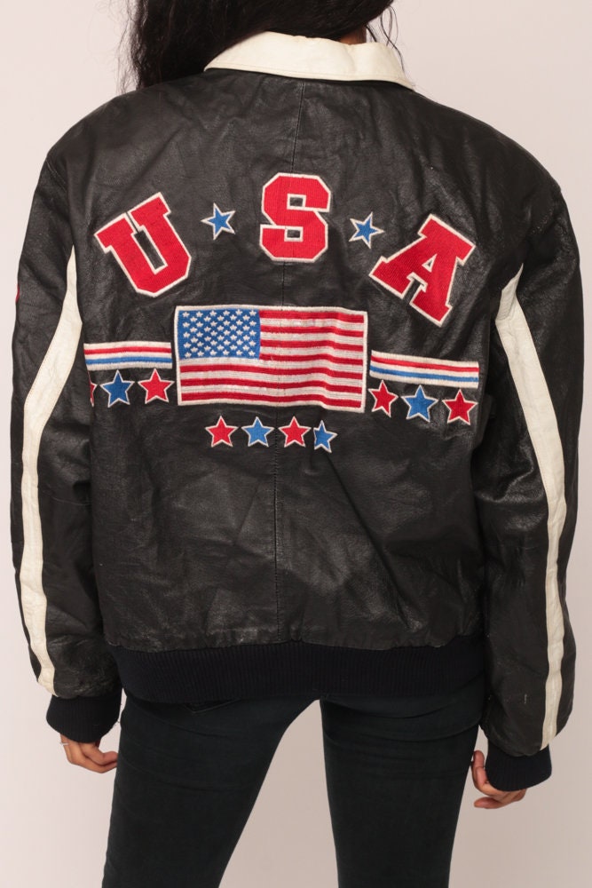 80s American Flag Leather Biker Jacket Black Moto Large
