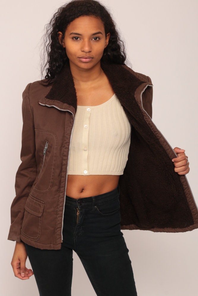 70s Brown Zip Jacket Sherpa Lining Collar Small Medium