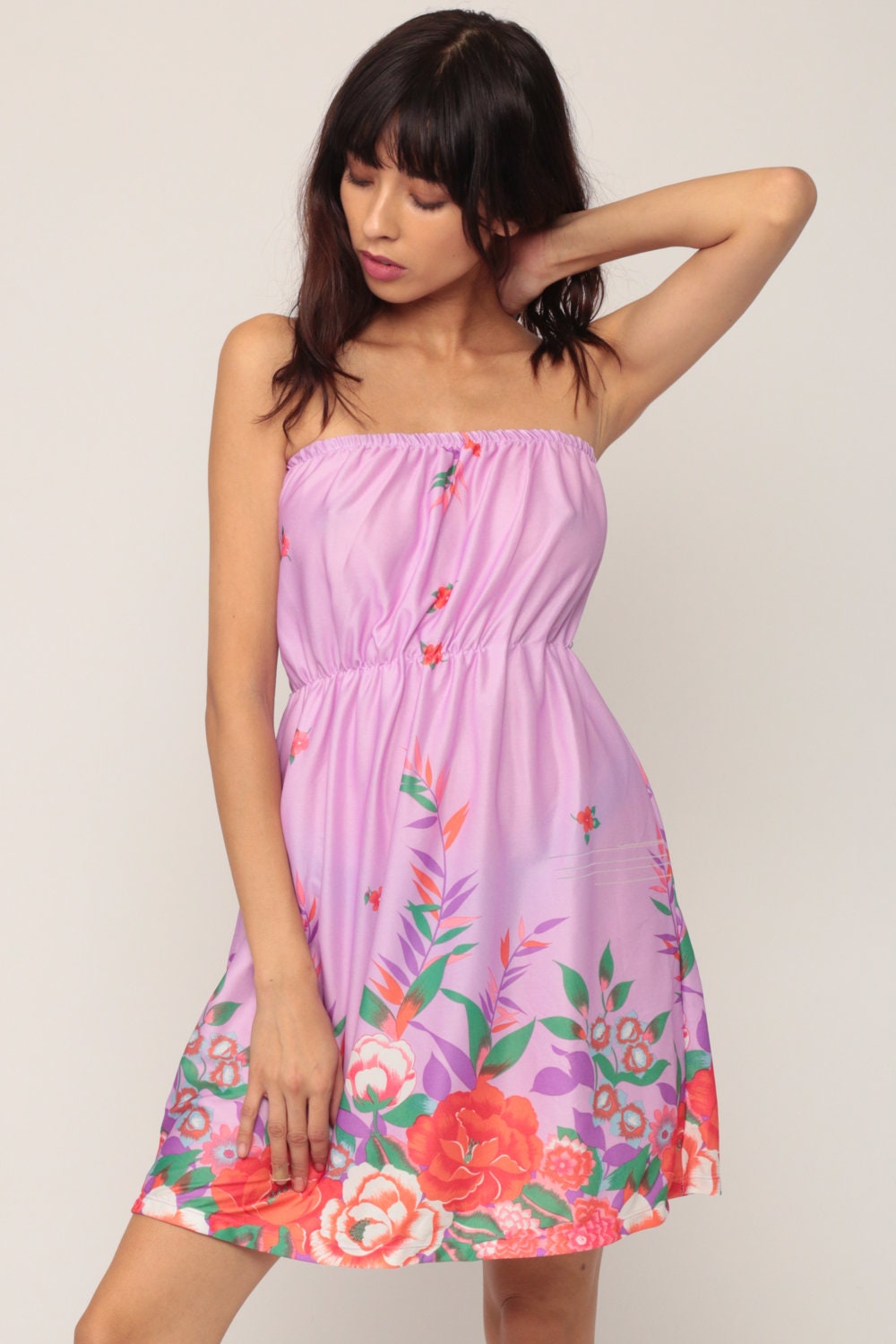 70s Floral Strapless Mini Dress Lavender Purple Smocked Small Medium