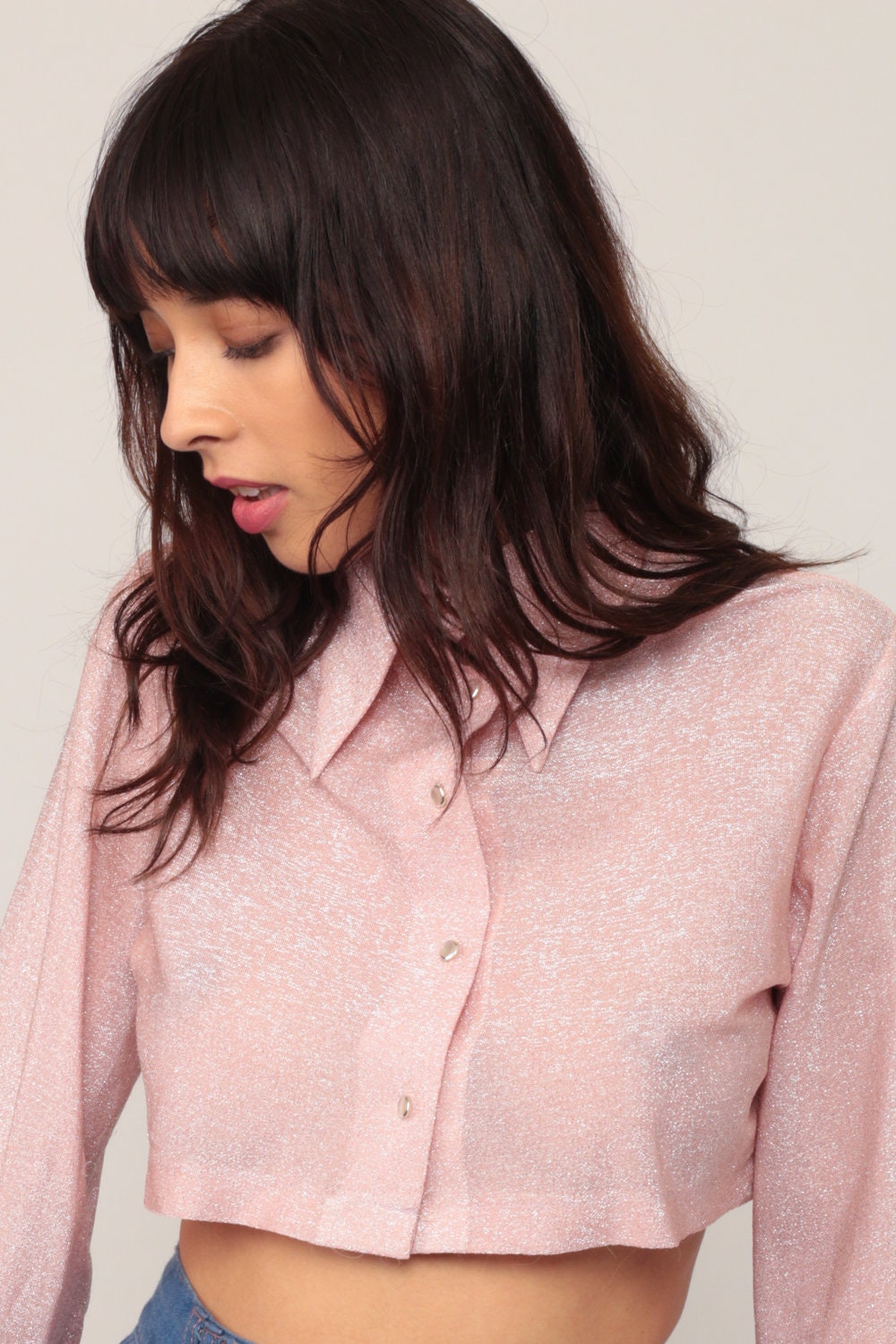 70s Metallic Pink Silver Crop Top Long Sleeve Blouse Small Medium
