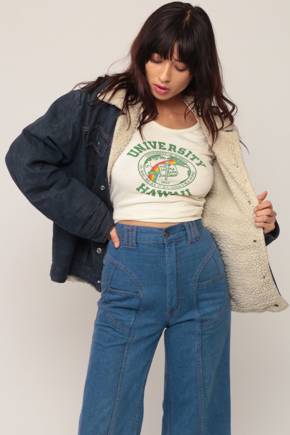 1970s Blue Denim Jacket Faux Shearling Lined Biker Coat Large