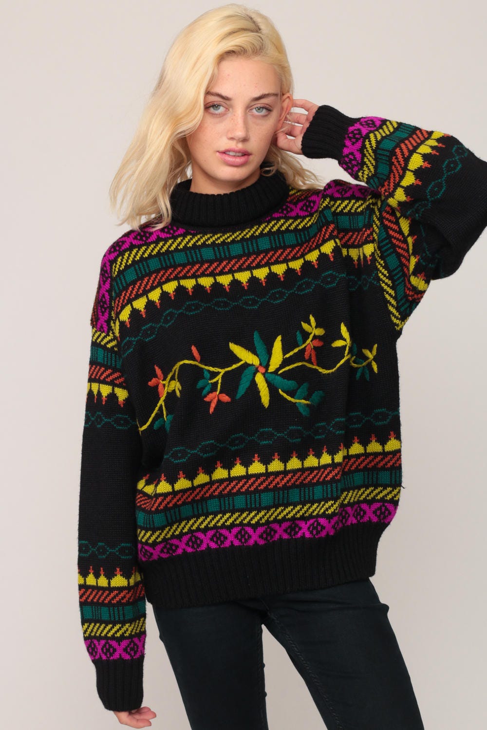 80s Floral Embroidered Funnel Neck Sweater Black Knit Plus Size XXL