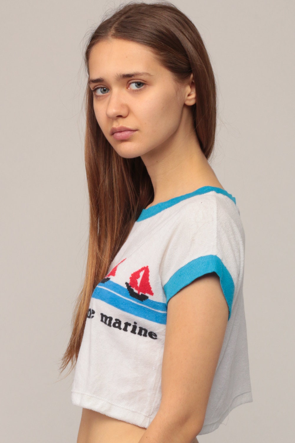 80s Sailboat Graphic Ringer Crop Top Terry Cloth Tee Small Medium