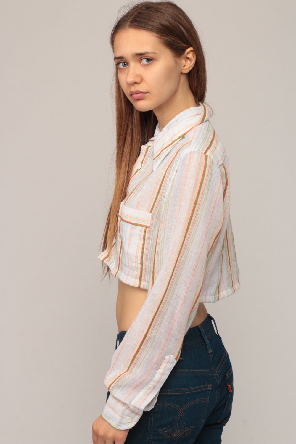 70s Striped Cotton Crop Top Button-Up Blouse Long Sleeve White Small