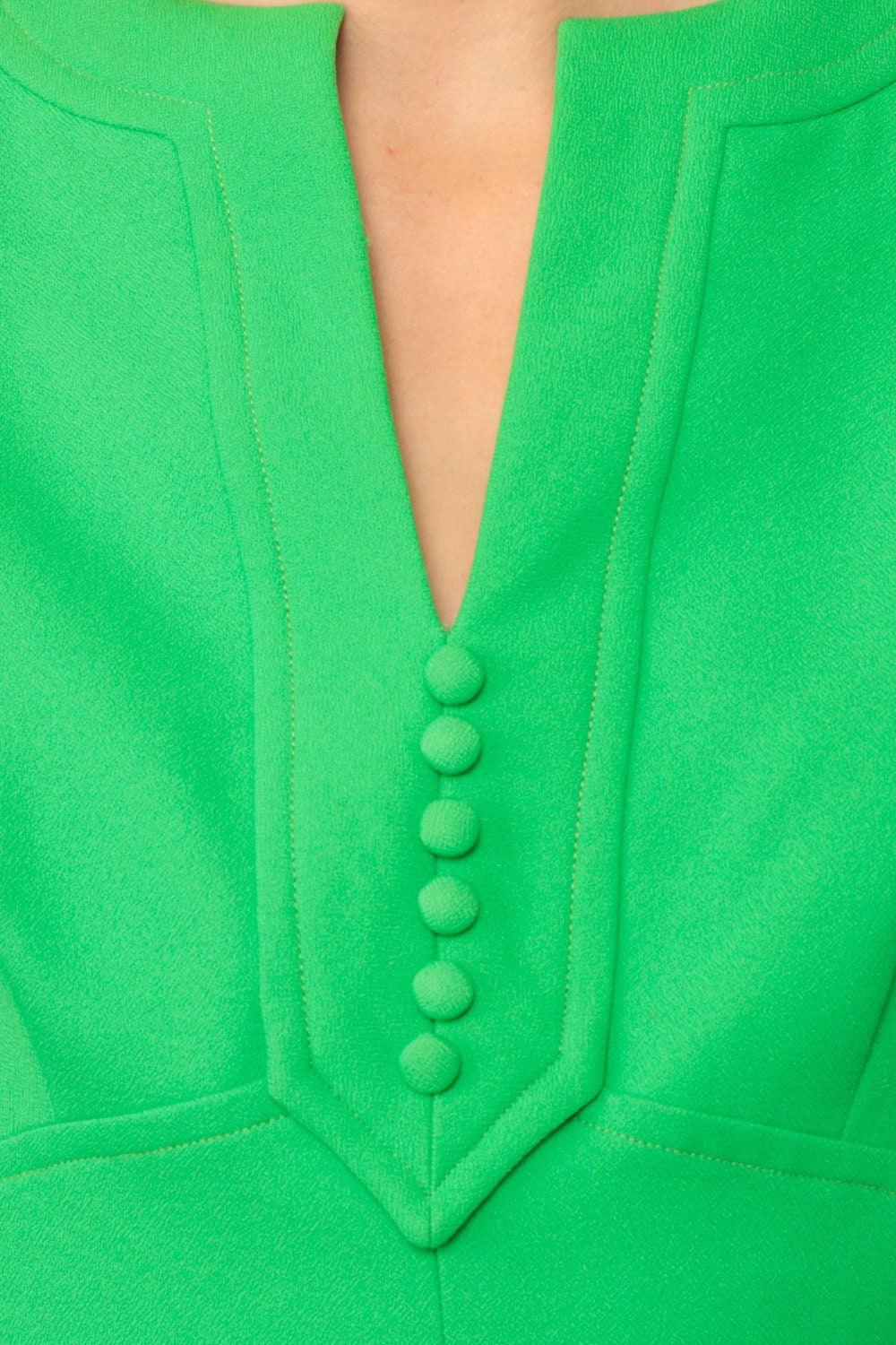 70s Green Mini Dress Empire Waist V Neck Long Sleeve Babydoll Large