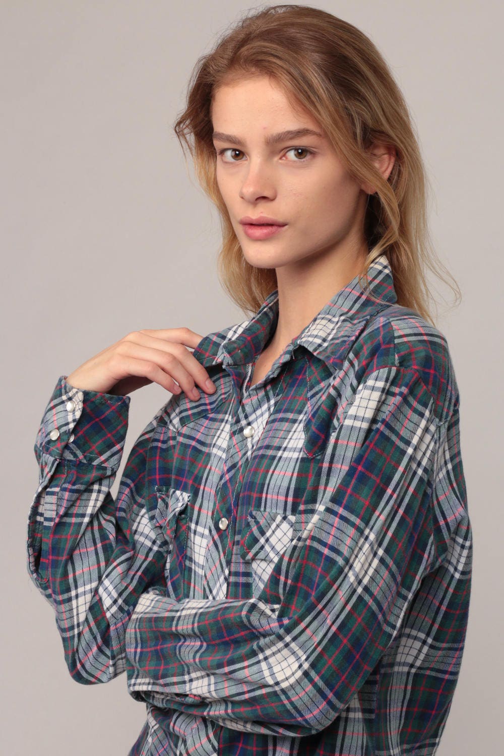 70s Wrangler Pearl Snap Western Shirt Plaid Blue Green Large