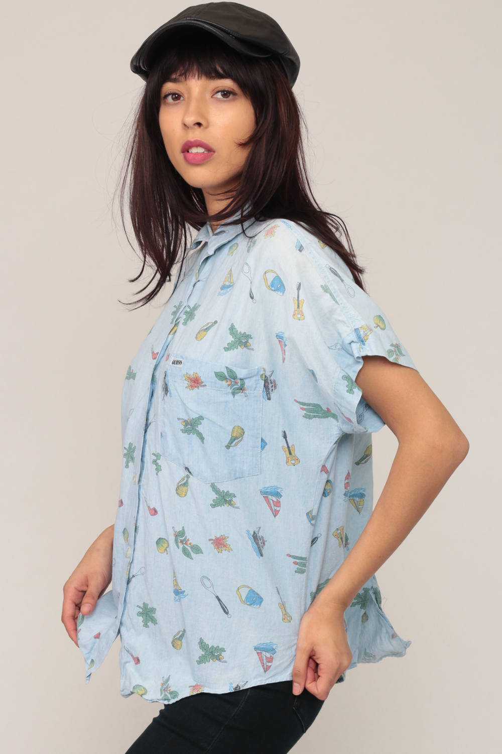90s Guess Georges Marciano Guitar Sailboat Cactus Button Up Blouse Blue Extra Large