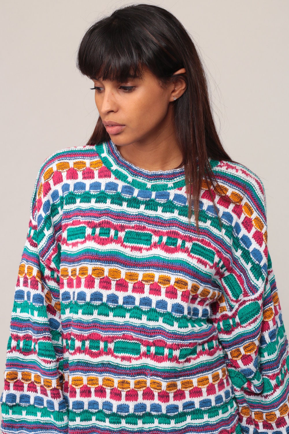90s Striped Pullover Sweater Geometric Knit Blue Green Pink Large