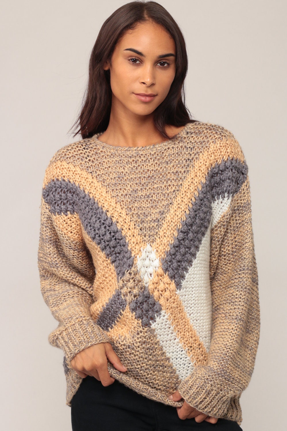 90s Striped X Pullover Sweater Open Weave Knit Grey Tan Medium