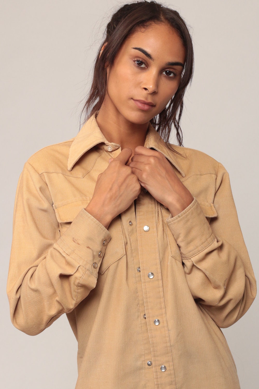 70s Tan Corduroy Pearl Snap Western Shirt Long Sleeve Unisex Small