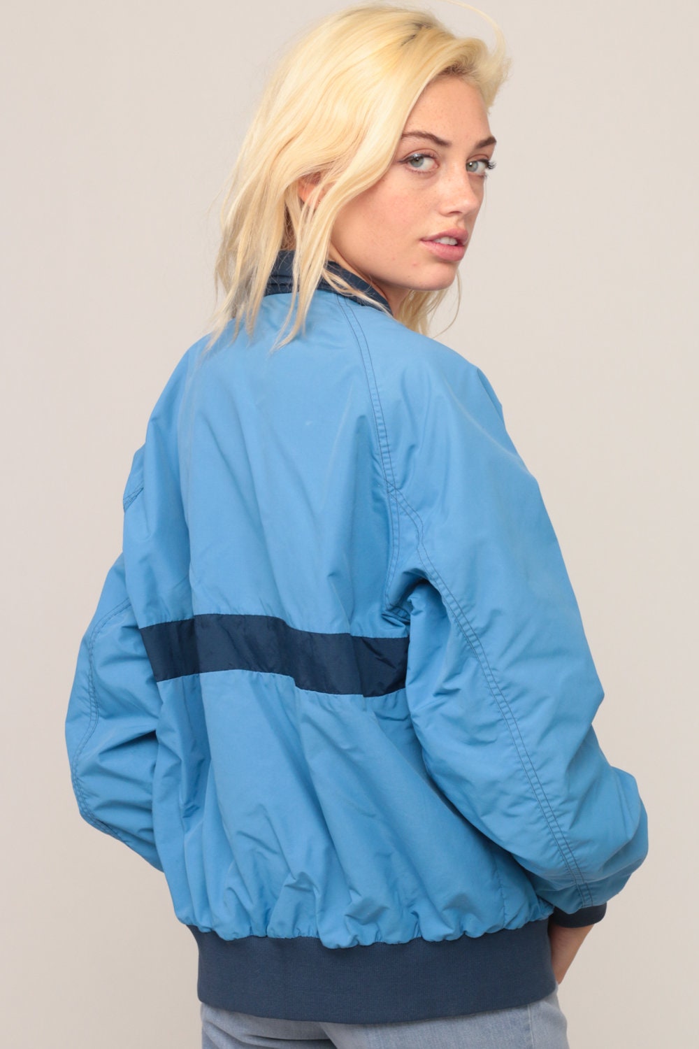 70s Bomber Jacket Baby Blue Nylon Windbreaker Striped Medium