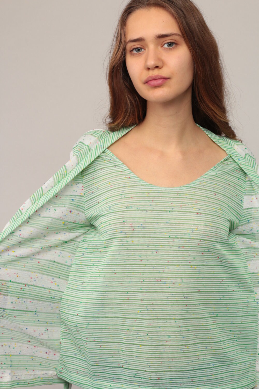 70s Striped Blouse with Attached Cardigan Green White Metallic Medium