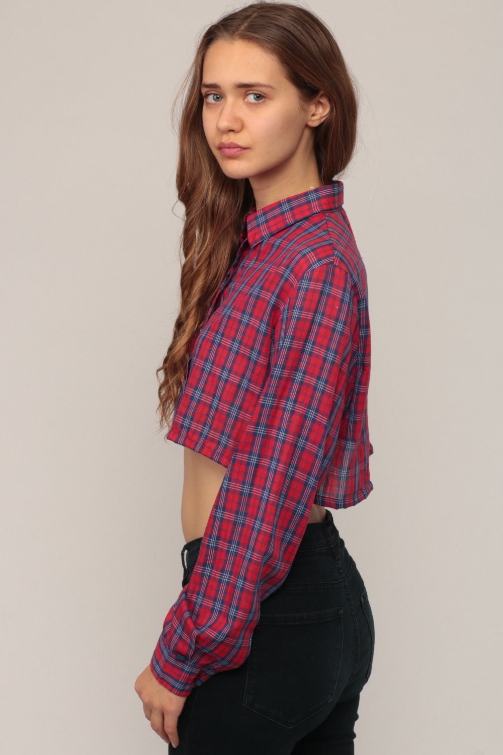 80s Plaid Crop Top Button-Up Blouse Red Blue Long Sleeve Small Medium