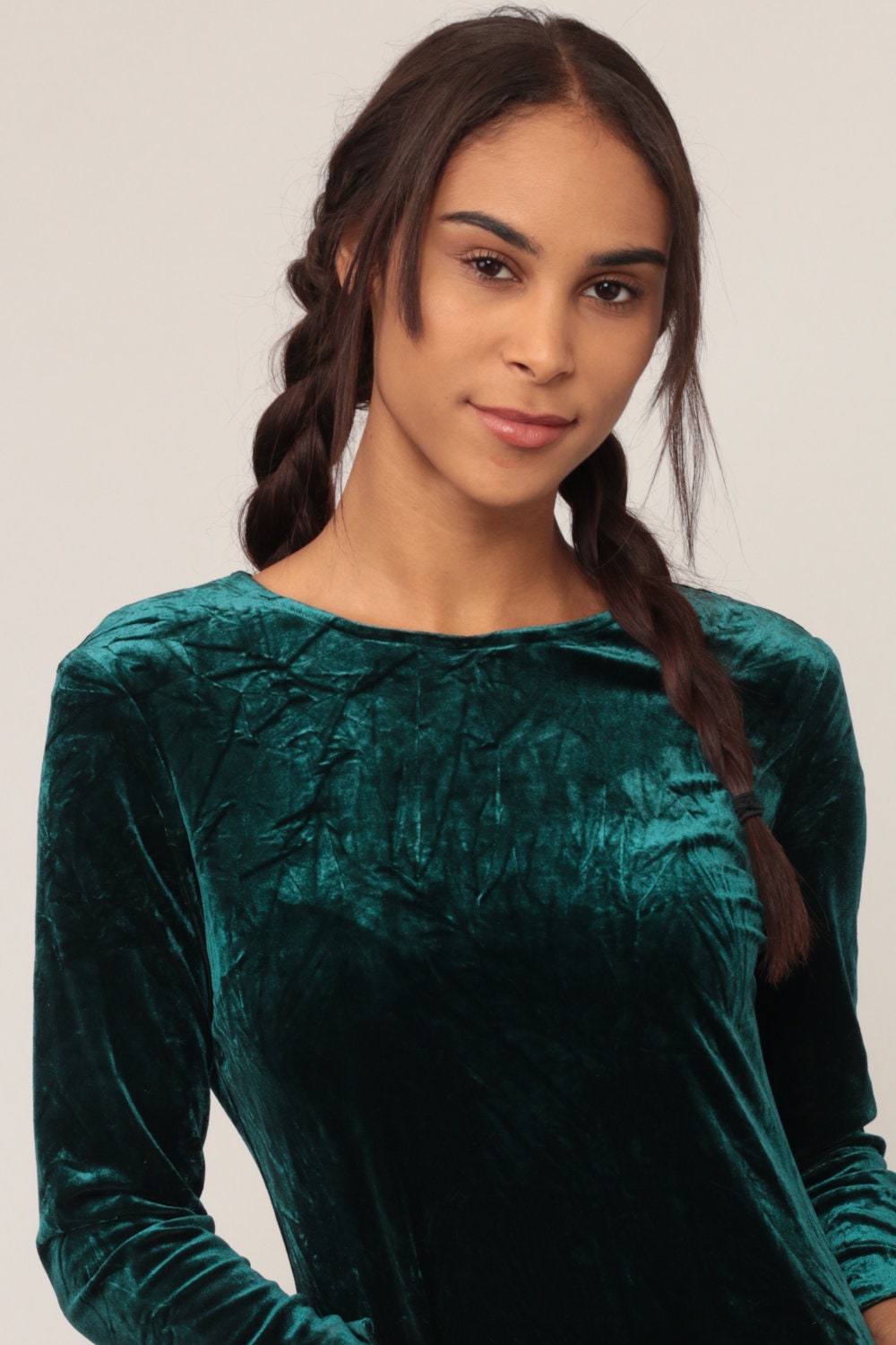 90s Green Velvet Mini Dress Long Sleeve Shift Stretch Medium