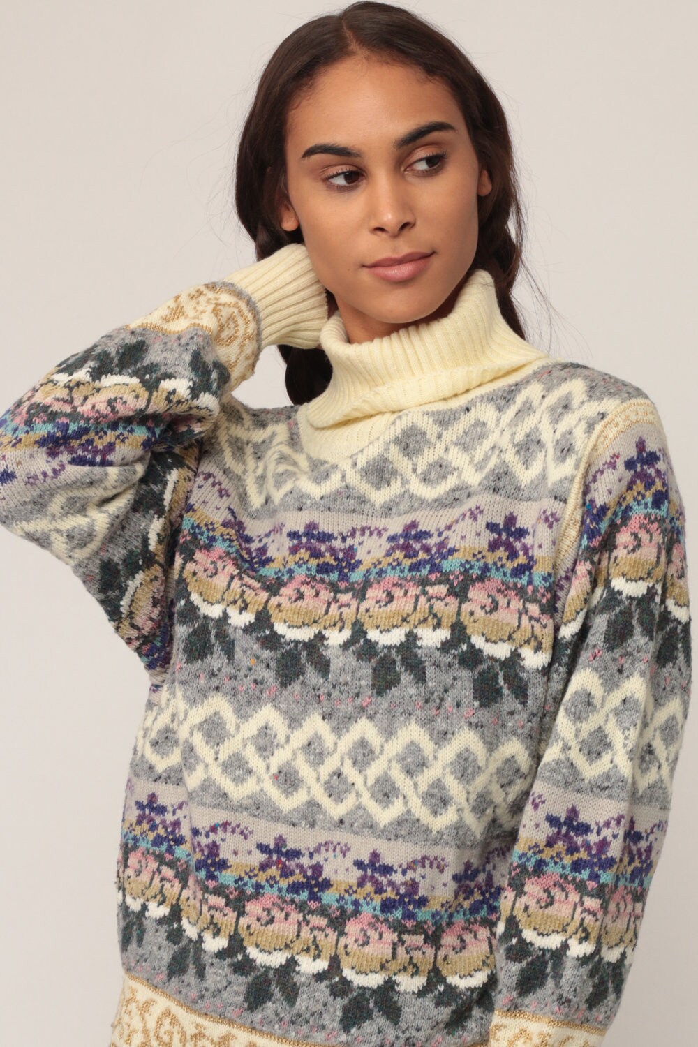 80s Grey Floral Turtleneck Wool Blend Knit Sweater Small Medium