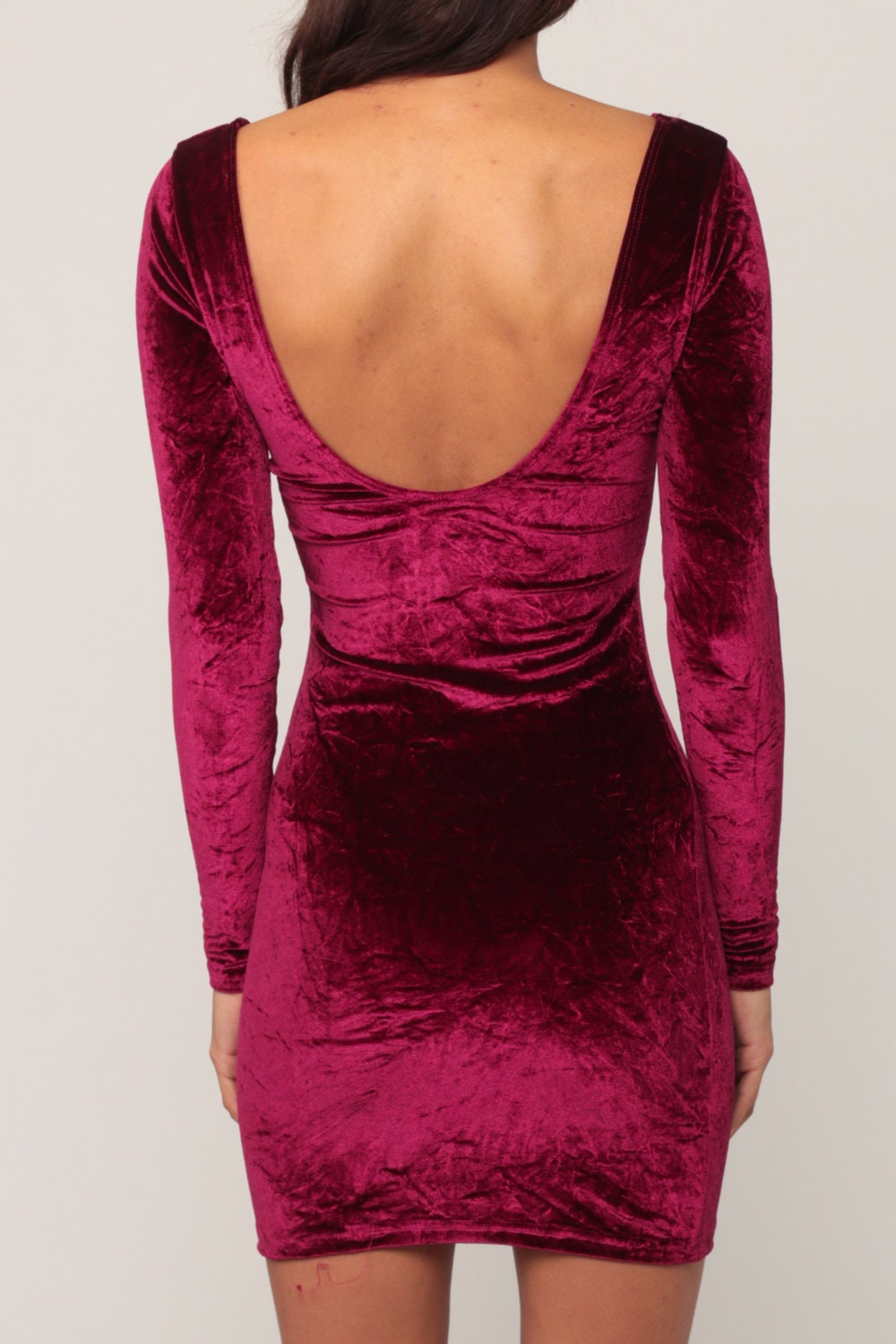 90s Wine Velvet Bodycon Mini Dress Long Sleeve Extra Small