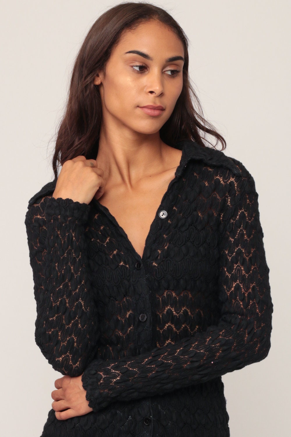 70s Black Crochet Blouse Long Sleeve Open Weave Button Up Small Medium