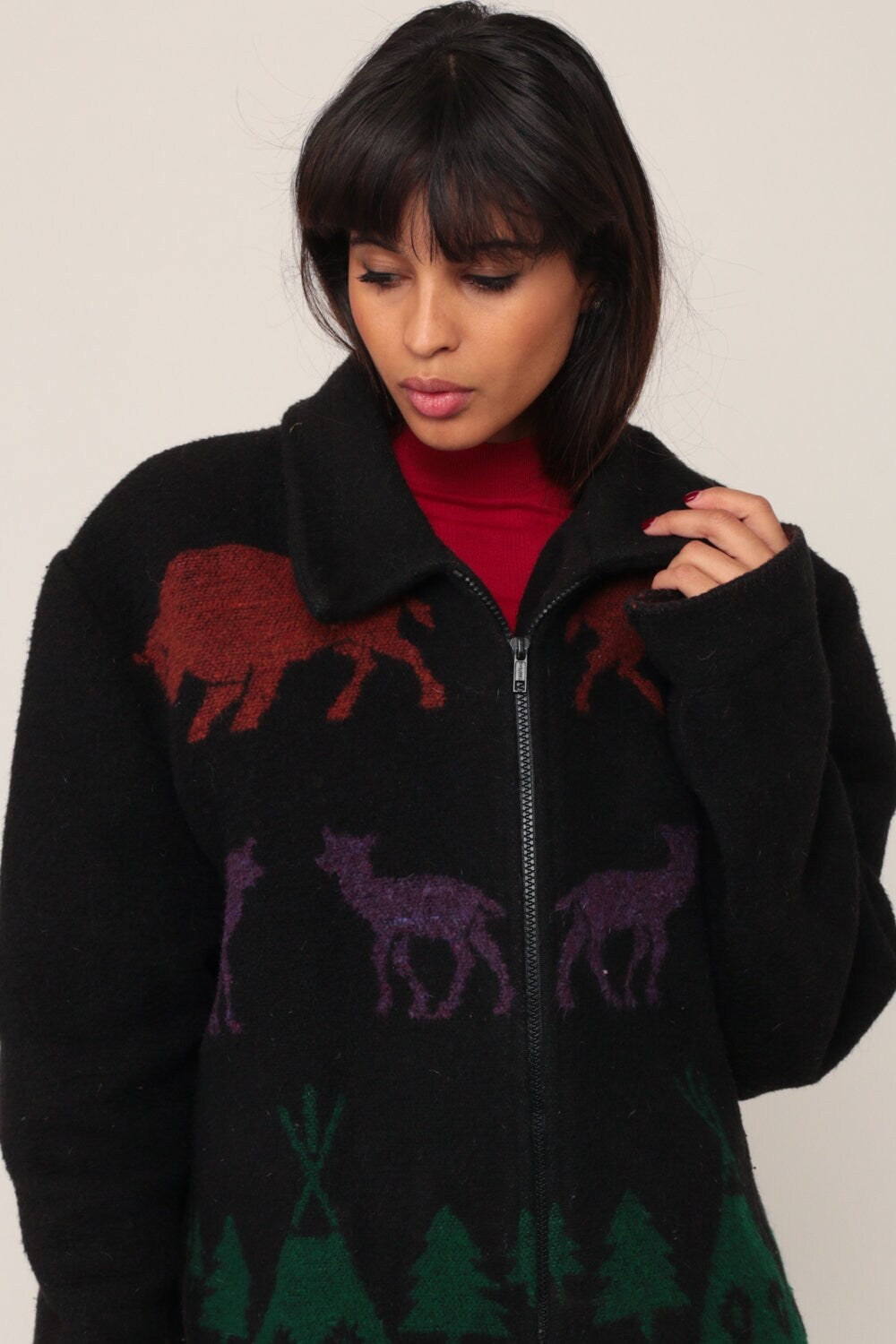 90s Totem Pole Animal Print Wool Jacket Black Extra Large XXL