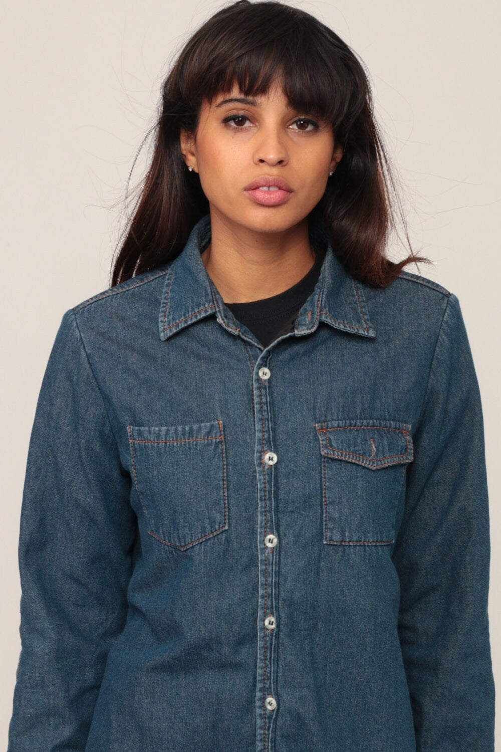 90s Blue Denim Button-Up Shirt Lined Long Sleeve Small Medium