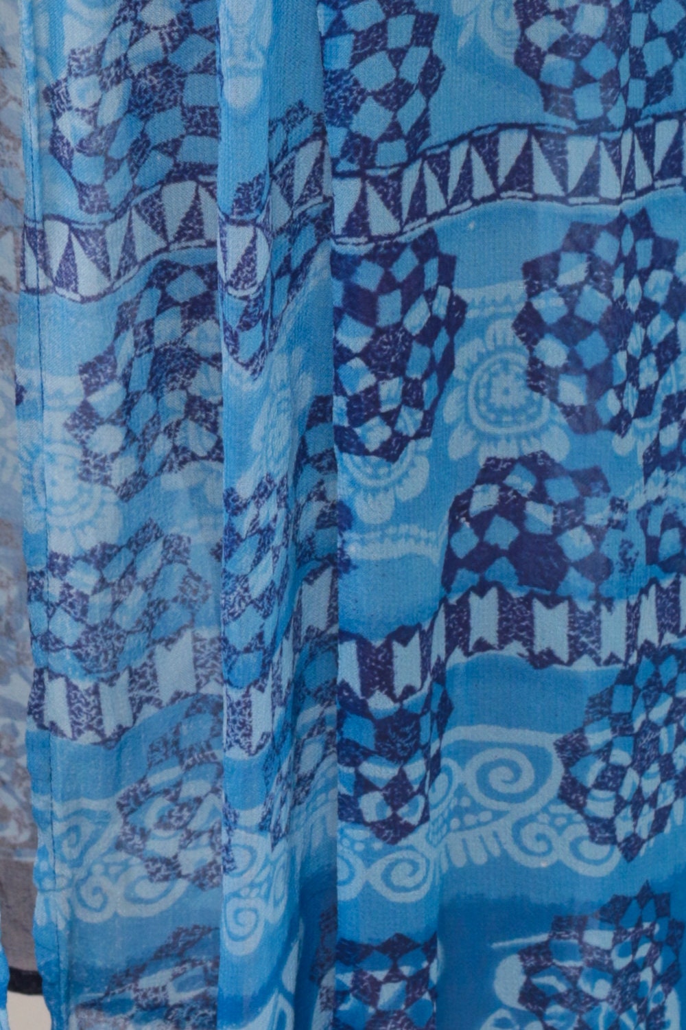 90s Blue Geometric Rayon Maxi Dress Button-Up High Slit Short Sleeve Small Medium