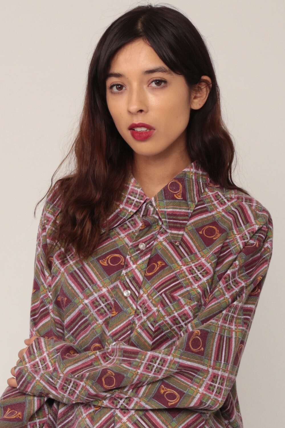 70s Horn Instrument Plaid Button-Up Shirt Long Sleeve Extra Large